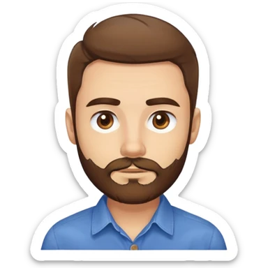 Head portrait of Puerto Rican actor René Monclova. Round face, wide jaw, light complexion. Expressive brown eyes, thick eyebrows. Short brown hair. Unkempt beard, medium length and brown. Friendly expression. Wearing a blue button-up shirt. sticker