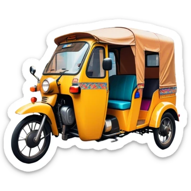 Cinematic Realistic image of a colorful auto rickshaw, rendered with detailed textures and lively, bold hues, set on a bustling urban street with dynamic, vibrant lighting that emphasizes its iconic role sticker