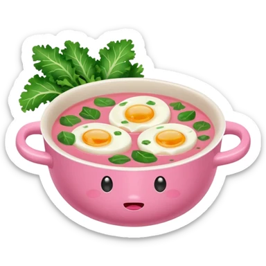 pink soup with egg and greens inside, boiled potatoes by its side, surprised face emoticon sticker