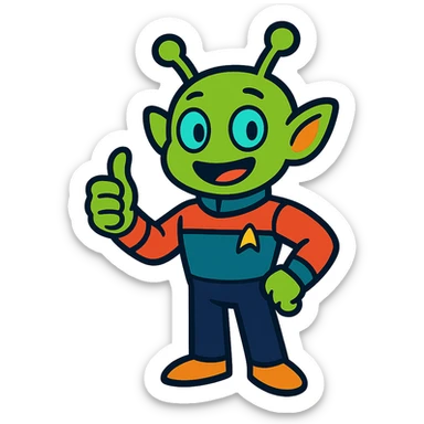 cheerful alien giving thumbs up in a crew uniform, vibrant toon cartoon style sticker