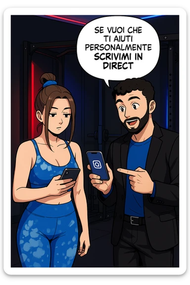 TRASFORMA QUESTO CAROSELLO IN UN FUMETTO STILE WEBTOON/MANGA A COLORI CON QUESTE DUE PERSONE IDENTICHE CHE INTERLOQUISCONO TRA LORO, L'UOMO MOSTRA UNO SMARTPHONE ALLA DONNA INDICANDOLO, E ANCHE LA DONNA HA LO SMARTPHONE IN MANO PER ANDARE A SEGUIRE IL SUO PROFILO INSTAGRAM:

LUI (UOMO): Se vuoi che ti aiuti personalmente
SCRIVIMI IN DIRECT sticker