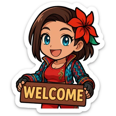 Azucena from Tekken 8 in chibi sticker style, holding a sign that says 'WELCOME', big smile, wearing the detailed red and patterned outfit from the reference images, designed for Twitch emote use. sticker