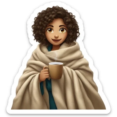 olive skin brunnette curly hair girl snuggled in big blanket drinking coffee sticker
