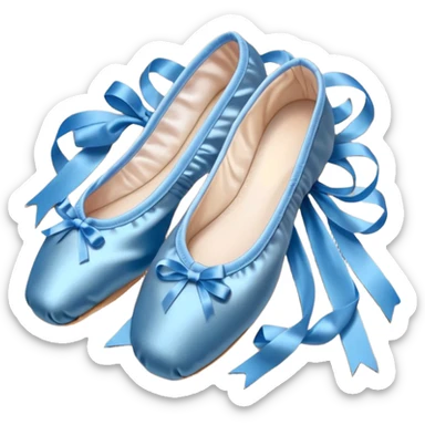 cinematic-realistic-ballet-shoes,-soft-satin-blue-pointe-shoes-with-delicate-ribbons,-resting-gently-on-a-polished-wooden-floor,-subtle-creases-in-the-fabric,-glowing-under-the-warm-golden-light-of-a-rehearsal-studio,-evoking-ele sticker
