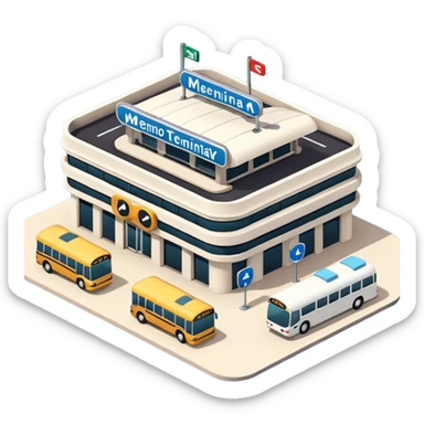 A 3D cartoon bus terminal with multiple buses parked, roofed structure, and directional signs, Memoji-style. sticker