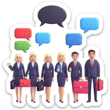 group of professional business managers with briefcases, digital chat bubbles, welcoming and professional vibe sticker