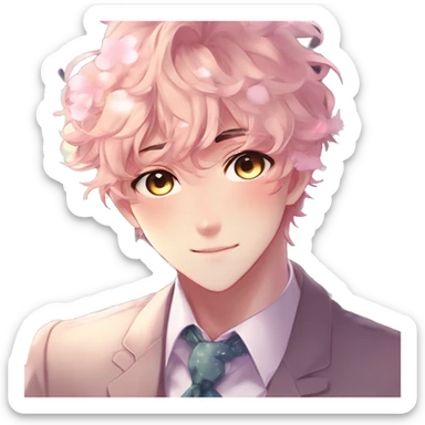 Gorgeous romantic hot attractive anime style formal modern gentlemanly anime shojo guy with pretty hair and flower petals and blushing face aesthetic trending style with colorful gradient colors  pastelcore cottagecore kawaiicore sticker