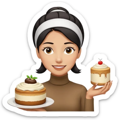  tan skin woman with long face, and short black hair slicked back ponytail with forehead showing, white headband, wearing white turtleneck shirt, eating tiramisu smiling with middle parted hair sticker