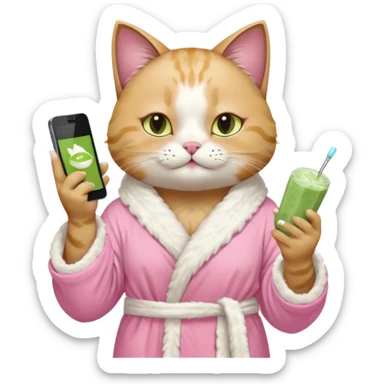 I want a CAT whit a iced macha on her paw and i want her to ne wearing a pink bath rope And she will have a face mask on her face and phone on the opisite paw whit the macha sticker