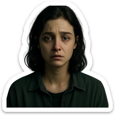 Create a centered portrait of the same woman with a sad expression, transparent background, in the style of a Netflix series. sticker