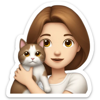 A girl with brown straight hair and a white fluffy cat lying in her arms with eyes of different colors sticker