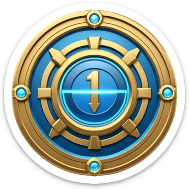 Futuristic anniversary medal badge, circular emblem with embossed Roman numeral I, metallic gold finish with electric blue glow accents, subtle outer energy ring, sci-fi web3 game UI style, polished 3D game asset, dark background, centered composition, high detail sticker