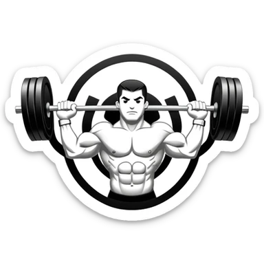 Powerlifting emblem featuring a stylized barbell with heavy weights on each side, flanked by muscular arms gripping the bar. The design is bold and dynamic, symbolizing strength and determination. The background is minimal, focusing on the emblem itself, with a sleek and professional look.  sticker