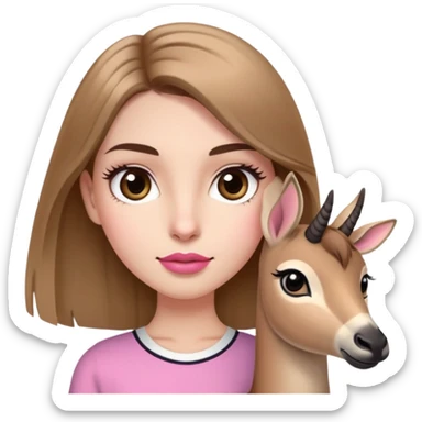 A girl with short shoulder length light brown hair with straight eyebrows, big brown eyes, long eyelashes, a normal nose and a normal mouth but I want pink lips and white skin and I want her wearing a skirt and holding a small gazelle  sticker