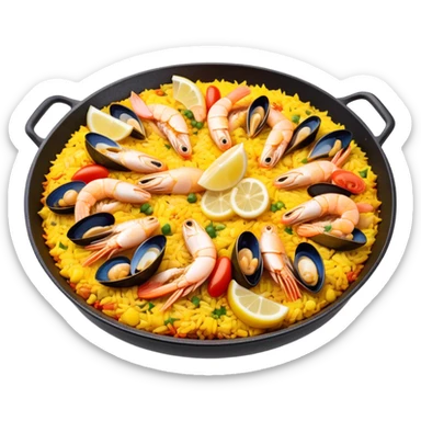 cinematic-realistic-paella-dish-emoji,-depicted-as-a-vibrant,-aromatic-rice-dish-loaded-with-seafood,-chicken,-and-saffron-rendered-with-rich-textures-and-dynamic,-warm-lighting with a lemon slice in the middle sticker