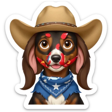 mostly black with some brown long hair daschund with a cowboy hat, ears curl out a bit and bandana and tongue slightly out sticker