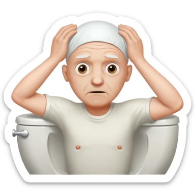A bald person who’s very old is staring, he’s inside a toilet and his head is upright and looking at the camera with very wide eyes and his hands are putting pressure on his head, very scared expression sticker