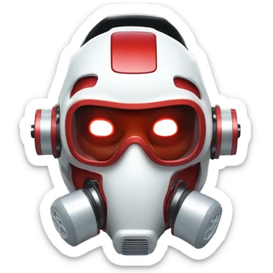 Red skin cyborg head with white respirator mask and circuitry sticker