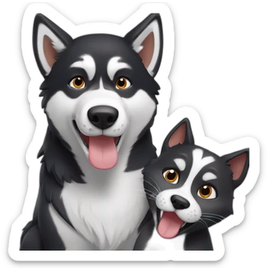 Un husky noir qui prend un selfie avec un chat roux sticker