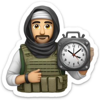 arab man wearing a keffiyeh and a plate carrier with many wires crossing the front and a single analog clock sticker