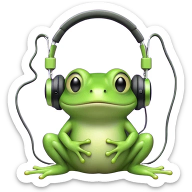 A cute green cartoon frog sitting with a neutral expression, wearing large black over-ear headphones. The frog is connected by a wire to a small, classic-style iPod with a purple screen, placed in front of it. The background is a dense black-and-white noise pattern resembling TV static. sticker