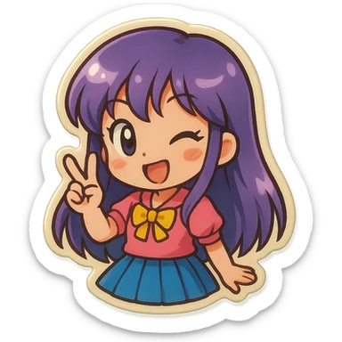 chibi anime girl with long purple hair, winking and making a peace sign, retro stickers style sticker