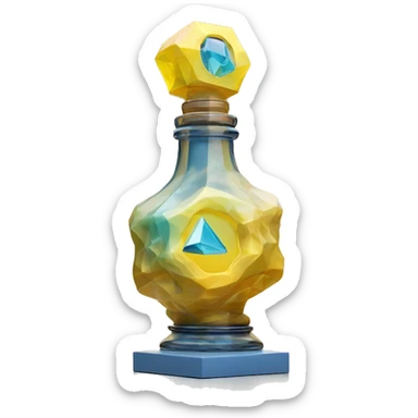 symbolic clouds in a bottle sculpture symbolizing Gemini with a geometric, faceted design. The bottle is standing upright with angular and baroque features. The vibrant yellow lightning colors highlights the sharp edges and planes.  sticker
