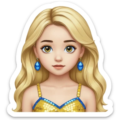 Sabrina Carpenter with long blonde hair, yellow sequin crop top, yellow earring, blue eye sticker