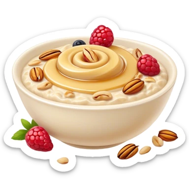 Cinematic creamy oatmeal, smooth texture with a swirl of honey on top, garnished with fresh berries and nuts, warm and comforting, cozy golden tones, rich and delicious. sticker