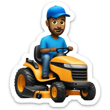 Bigger man with short beard and blue hat riding lawn mower  sticker
