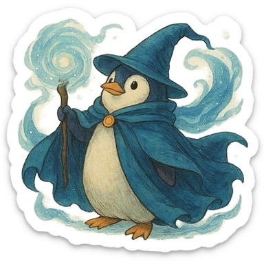 ghibli style penguin wizard with flowing cloak and magical aura sticker
