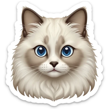 Cinematic-Fluffy-Seal-Ragdoll-Cat-Portrait-Emoji – Head tilted cutely with big, sparkling blue eyes, soft brown-and-white fur with darker seal points on the ears, face, and paws, simplified yet irresistibly adorable features, highly detailed, glowing with a soft and warm charm. sticker