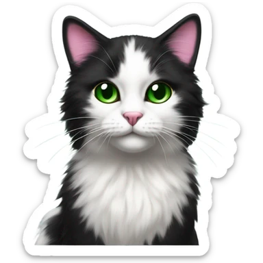 Black and white fluffy cat with black over both eyes pink nose green eyes and black dot on chin sticker