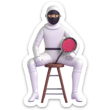 epee fencer sitting on a stool with fencing mask under arm waiting for match sticker