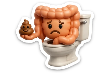 emoji stile iphone di un intestino realistico 3d che esce dal wc con in mano una montagnetta di feci con espressione triste a palline, iperrealistico 4k sticker