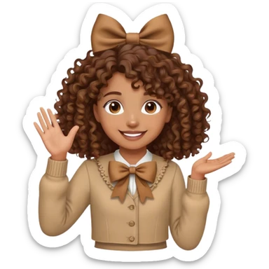 brown girl with brown curly hair and bows in her hair waving  sticker
