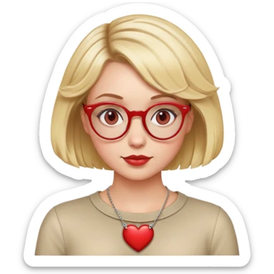 white girl head with short blonde bob hair slightly curled, red round glasses, heart necklace sticker