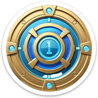 Futuristic anniversary medal badge, circular emblem with embossed Roman numeral I, metallic gold finish with electric blue glow accents, subtle outer energy ring, sci-fi web3 game UI style, polished 3D game asset, dark background, centered composition, high detail sticker