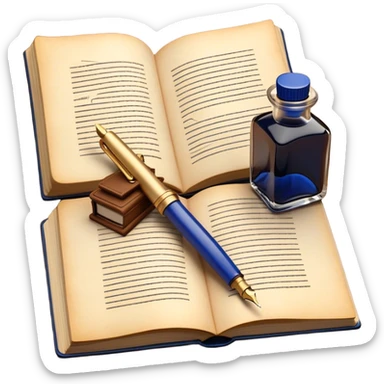 Create a vibrant emoji representing prose writing. The design should feature an open book with pages showing unfinished prose, a classic fountain pen or quill with black or dark blue ink, and an ink bottle (inkwell) next to it. The pages should have visible lines of text, but some should remain unfinished, symbolizing the creative process. Use warm, earthy tones like brown, gold, and cream for the book and background, with the ink and pen in black or dark blue. The emoji should convey the idea of storytelling, creativity, and the unfinished nature of literary work. Make the background transparent. sticker
