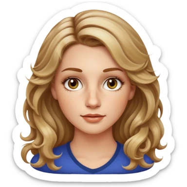 creative women with long dark Blond with highlights semi curly hair white women, oval shape face hazel eyes long lashes freckles on the nose high cheek bones sticker