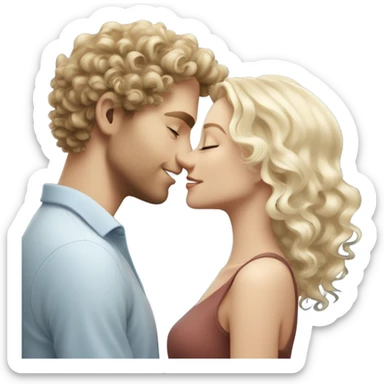 White Blonde guy with slim face and curly hair and beautiful blue eyes kissing happy white brunette girl   sticker