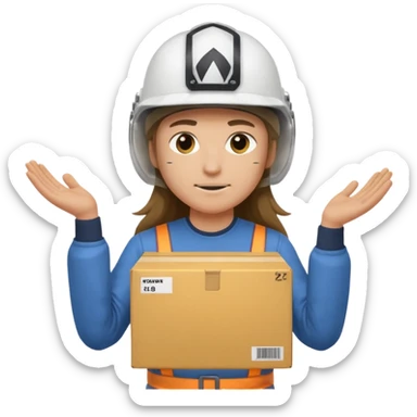 Tengo que dar una capacitacion de orgonomia, necesito un emoji de un operario con pelo largo y casco blanco de manga larga que levante una caja cerrada con las dos manos a la altura de los hombros y que tenga cara de esfuerzo fisico. Que no este saludando, las dos manos sosteniendo la caja.  sticker