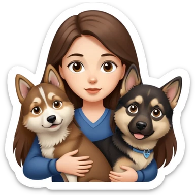 girl with long brown hair holding a german shepherd and holding a husky sticker