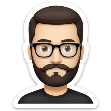 Caucasian male, longer hair straight dark brown hair combed back, thick dark eyebrows, rectangular black eyeglasses, full beard and mustache neatly groomed, neutral facial expression, wearing a black crew neck shirt. sticker