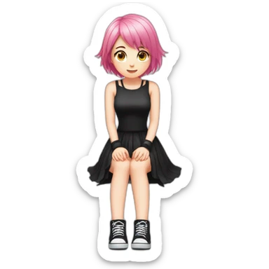Full body Front view curvy emo girl pink hair sits on the floor straight view hands up black skirt белые трусики полосатые рваные чулки sticker