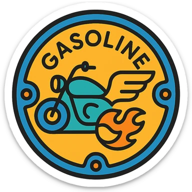 circular motorcycle gas cap design, transparent background, text 'GASOLINE', motif: motorcycle, flame, wing, unique style sticker