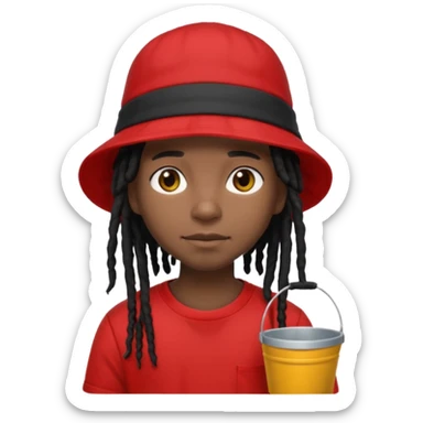 dark brown skin, black hair dreadlocks, wear red t-shirt, black bucket hat sticker