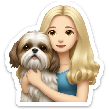 human girl with long wavy blonde hair hugging a brunette colored shih tzu girl with bow sticker