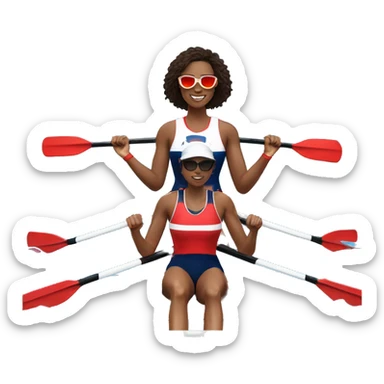 2 female rowers, one Caucasian, one African American, rowing in a 2x with red white and blue jersey, red white and blue oars, and one rower wearing sunglasses  sticker