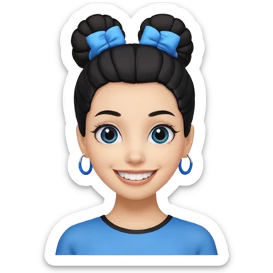 Now tied up her hair in a bun, the on her head is black, but blue bang on front. Bigger eyes and brighter smile, show teeth while smiling sticker